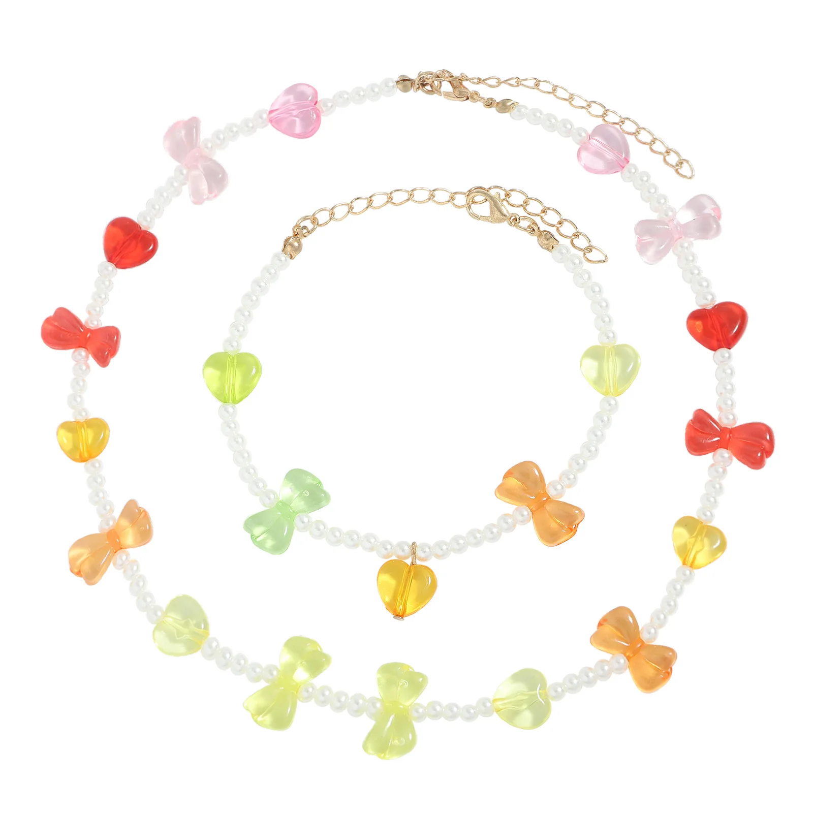 

Necklace Bracelet Set In Acrylic Pearl Love Colorful Splicing Hand Bead Summer Sweet Show New Popular Mixcolor Jewelry For Women