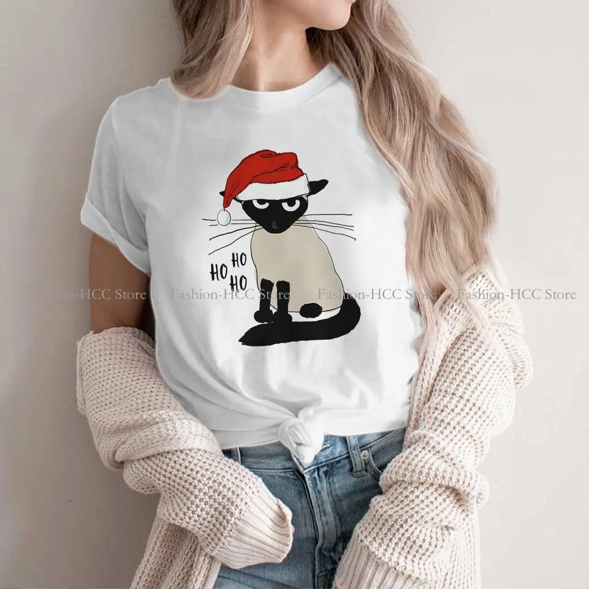

Santa Humorous Christmas Holiday Kitty Fashion Polyester TShirts Siamese Cat Momen Harajuku Tops T Shirt O Neck
