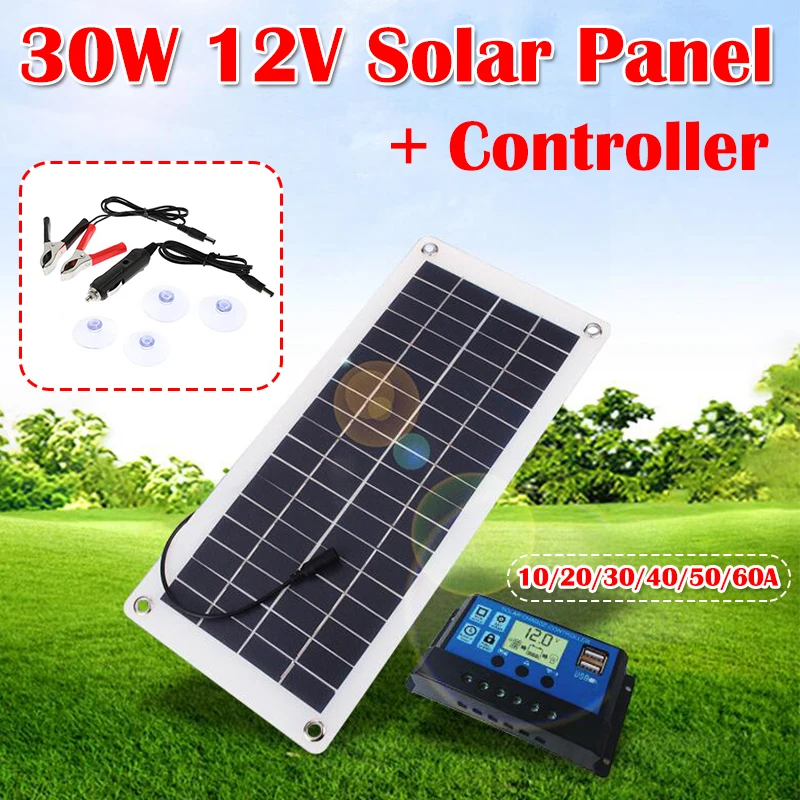 Panel Solar completo, 30W, 12V, doble salida USB, células solares, placa Solar polivinílica, controlador, Outdroor, cargador de batería, 10-60A