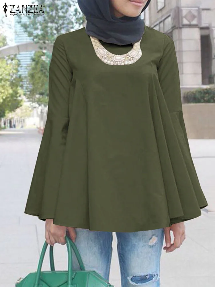 

ZANZEA Muslim Tops For Women Long Flare Sleeve Blouse Dubai Kaftan Turkey Abaya Work Shirt Ramadan Hijab Blusas Isamic Clothing