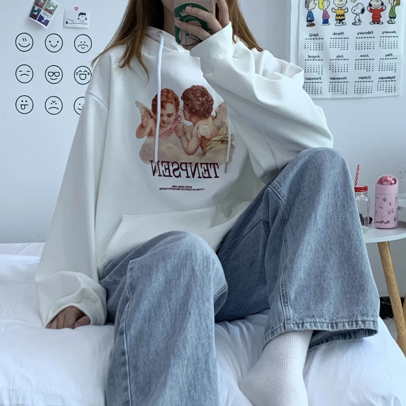 

Harajuku Cotton Hooded Hoodie Loose Angel Hooded Sweatshirt Streetwear Sweatshirt Hoodie Harajuku Padded Long-Seeved Tops