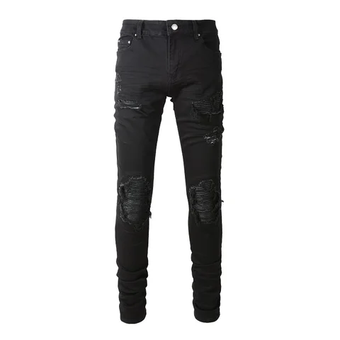Мужские Кожаные Байкерские джинсы с заплатками для мотоцикла, уличная одежда, рваные Лоскутные Стрейчевые джинсы, черные обтягивающие зауженные брюки