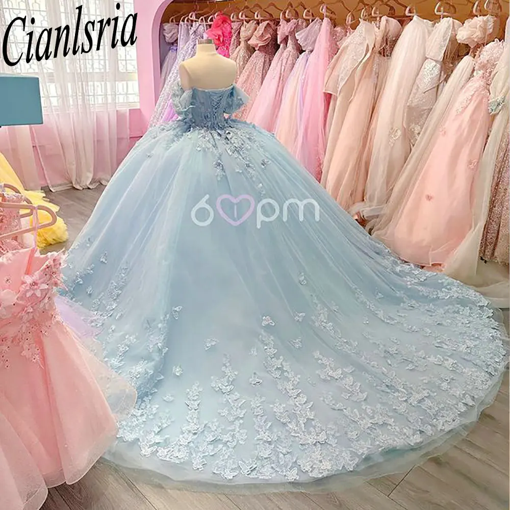 Голубые платья Quinceanera с открытыми плечами бальное платье жемчугом и бисером