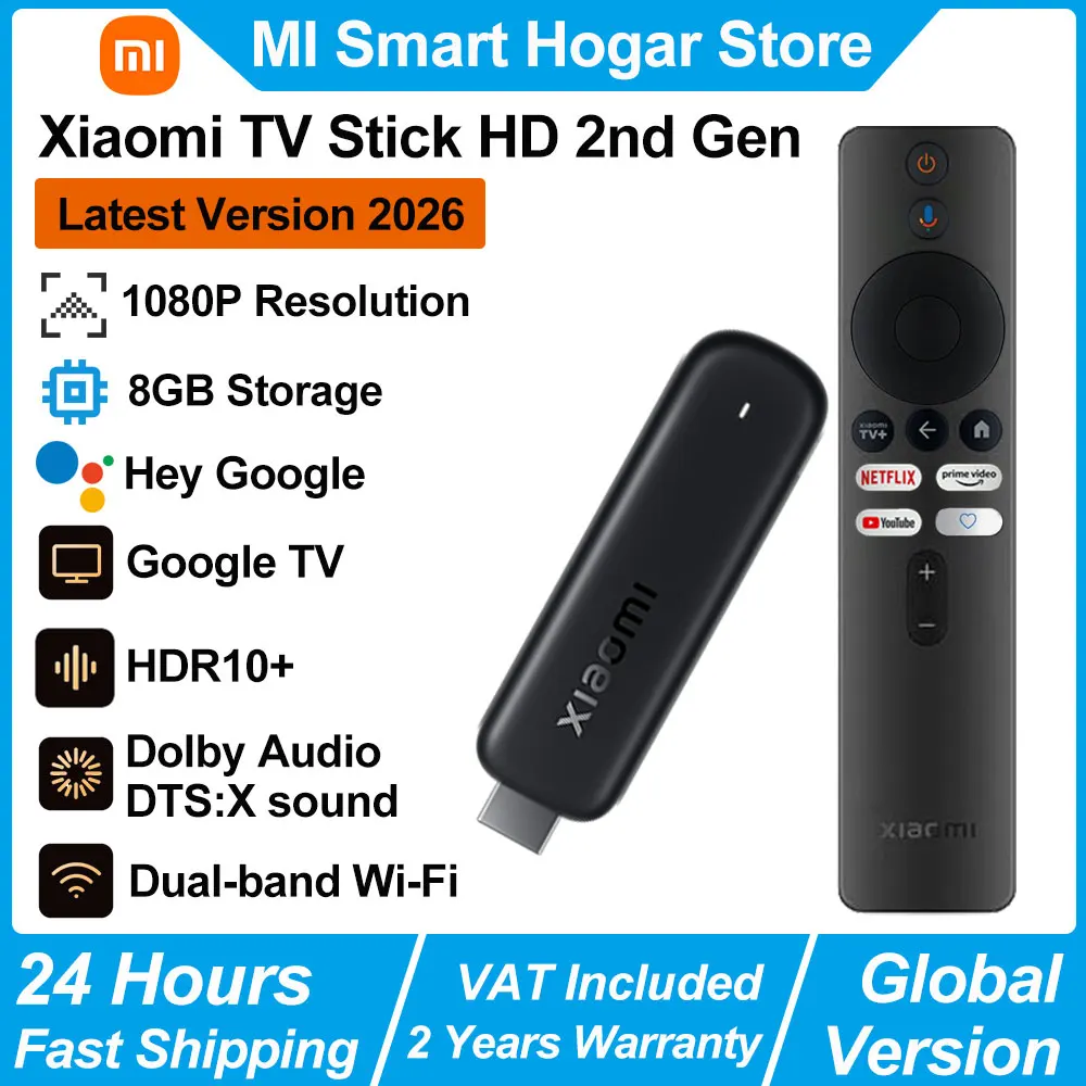 Xiaomi TV Stick HD 2nd Gen, Google TV Portable Streaming Media, Bluetooth Voice Remote Control, Dual-band WiFi Google Assistant Smart TV Dongle