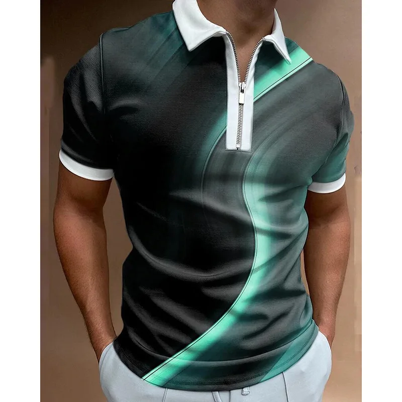 

Рубашка-поло мужская с принтом в полоску, повседневная рубашка с короткими рукавами, рубашка-поло на молнии с отложным воротником, лето