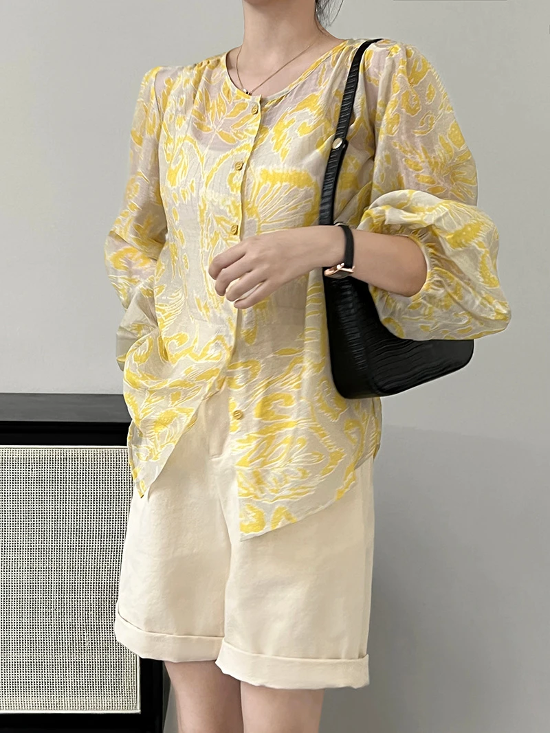 

Summer Button Up Shirt Fashion Loose Sweet Elegant Print Shirts Women Long Lantern Sleeve Sun-proof Blouses Ladies Tops Vintage