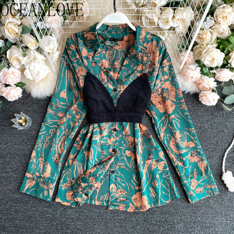 

Blusas Mujer Print 2 Pcs Korean Vintage Autumn ashion Blouse Women V Neck Ladies Tops 2021 Korean Shirts 18015