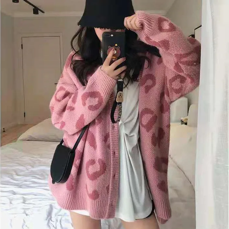 

Fashion Women Casual Soft Sweaters Female Spring Pink Leopard V-Neck Long Sleeve Cardigans Loose Coat Pull Vetement Femme Sueter