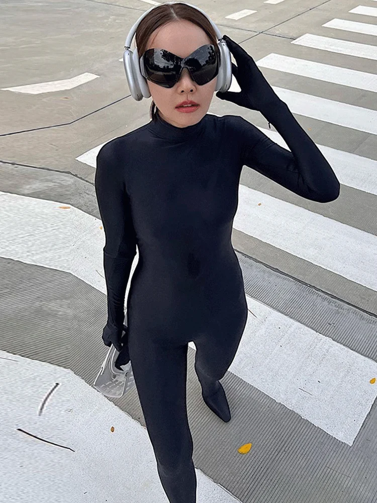 Ladies Sexy Club Wear Y2K Clothes Long Sleeve Gloves O-Neck Skinny Zipper Jumpsuit Women Sporty Streetwear Romper Fall Outfits