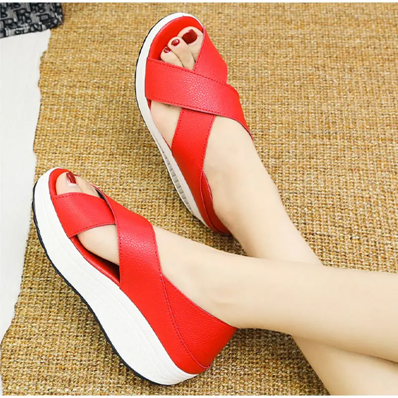 

Women Summer Sandals Ladies Slip On Wedges Heels Sandalias PU Leather Casaul Shoes Female Pltaform Fashion Two Wear Footwear