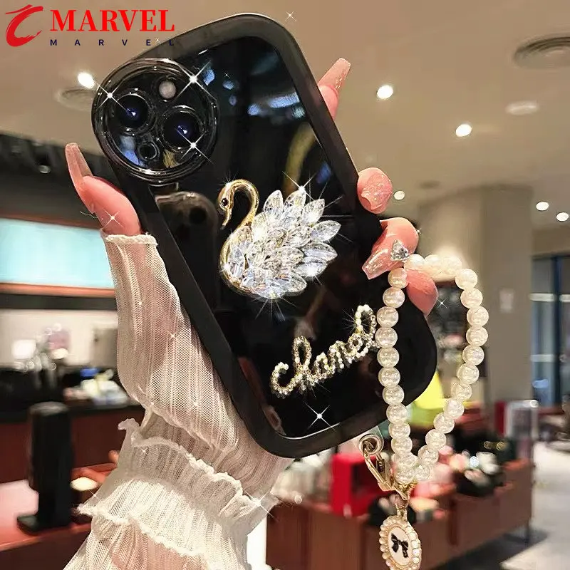 

Luxury Glitter Swan Pearl Lanyard Silicone Case For Huawei P50 P40 Lite P20 P30 Honor 50 60 Nova 9 SE Mate 50 40 30 20 Pro Cover
