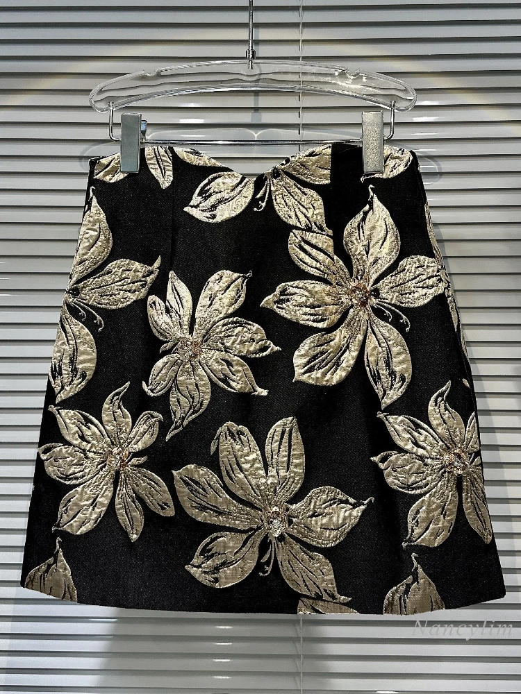 

2023 Autumn New Sequin Bead Bronzing Flower Elegant Short Skirt Womans Big Gold Floral Jacquard Skirts Short Office Hip Skirt