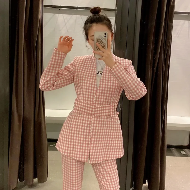 Pink Sweet Plaid Blazers with Free Sashes Women Cute Buttonless Plaid Casual Office Blazer Suit 2021 New Y2k Girl Chic Work Suit