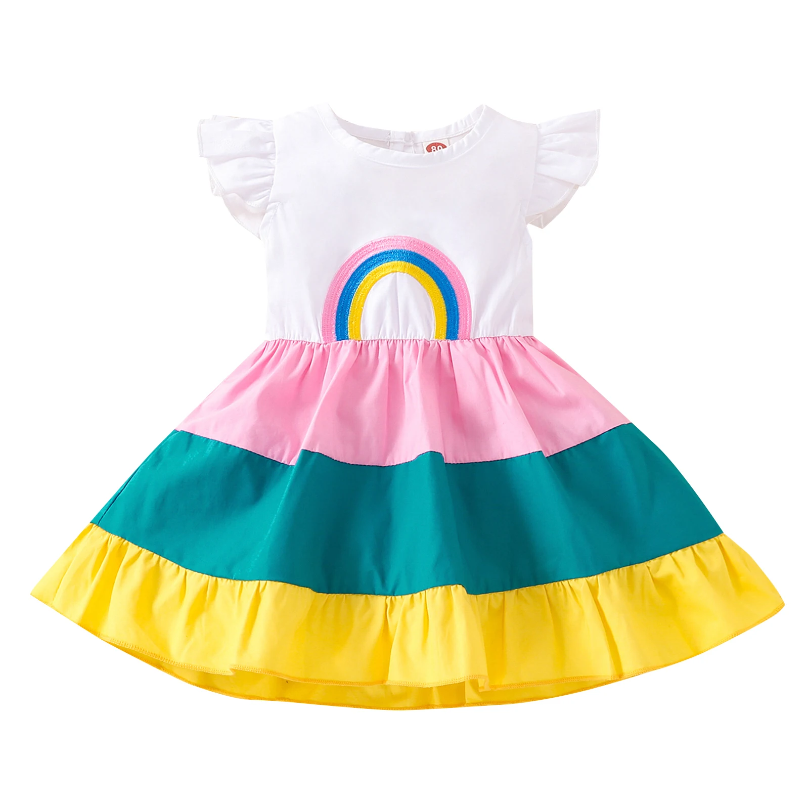 

Baby Girls Dress Flying Sleeve Design Rainbow Embroidered Striped Contrast Color Hem Cute Dress