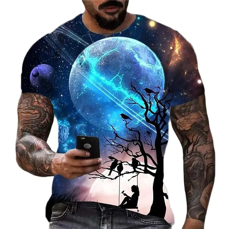 3D T Shirt For Men 2022 Moon Print Crew Neck Short Sleeve Tops Casual  Fashion Men's T-shirts Overisized Tee Shirt Man Clothing