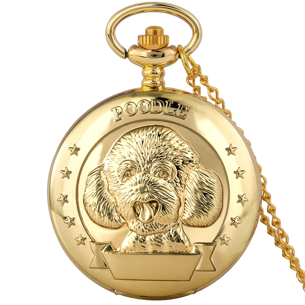 

Poodle Pattern Pocket Watches Necklace Gift Luxury Gold Quartz Pendant Pocket Watch Fine Chain White Arabic Numerals Dial Clocks
