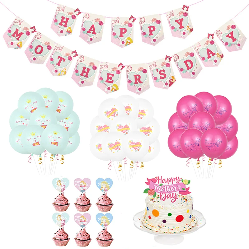 

Happy Mother`s Day Cake Toppers Mommly Cupcake Dessert Supplies Mom Birthday Party Decorations Banner Garland Latex Balloons