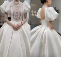 vintage ballgown wedding dresses pearls beaded bridal gown high neck satin sequins sweep train short sleeves robe de mari%c3%a9e