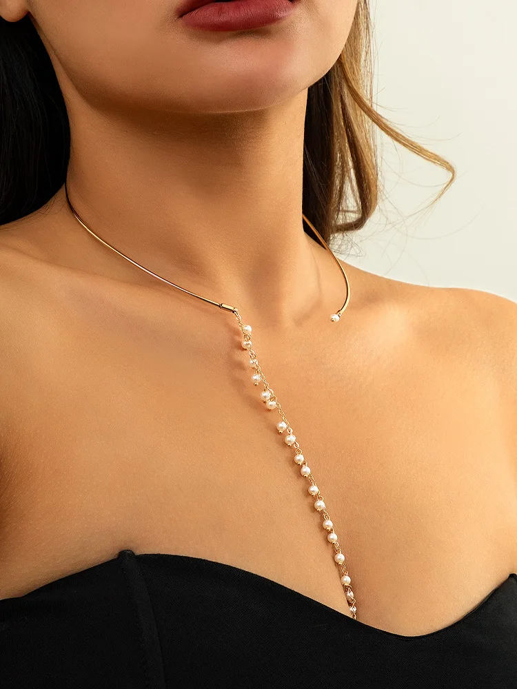 

Elegant Imitation Pearl Choker Clavicle Chain French Temperament Long Asymmetric Tassel Open Collar Necklace For Women Jewelry