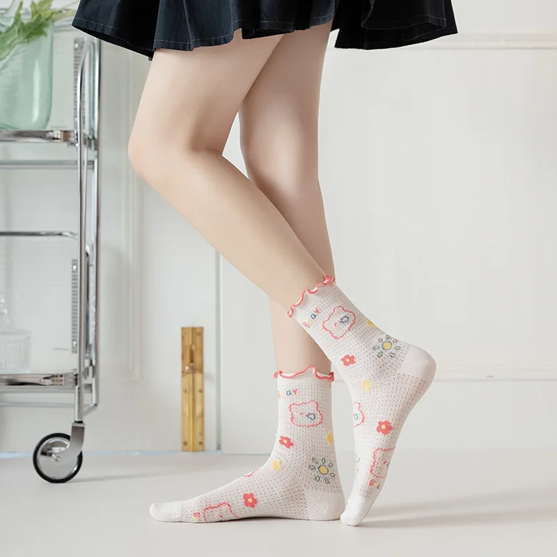 Cute socks women's spring and summer thin mesh hollow breathable mid-tube cotton socks sweet cartoon socks