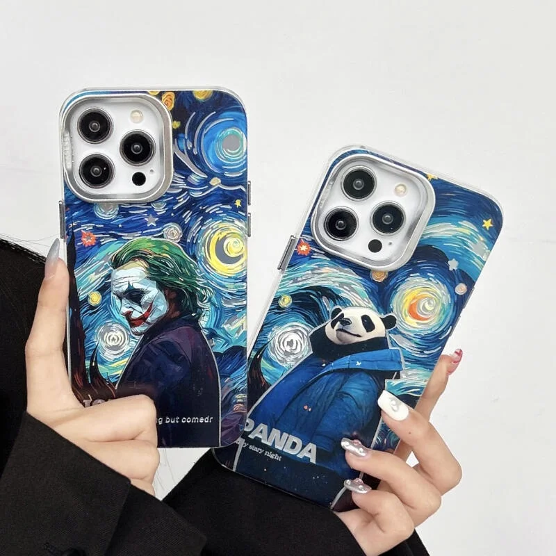 

For iPhone 15 14 13 12 Promax Lens Holder Creative Starry Sky Cute Cartoon Panda Clown Phone Case PC Protective Cover