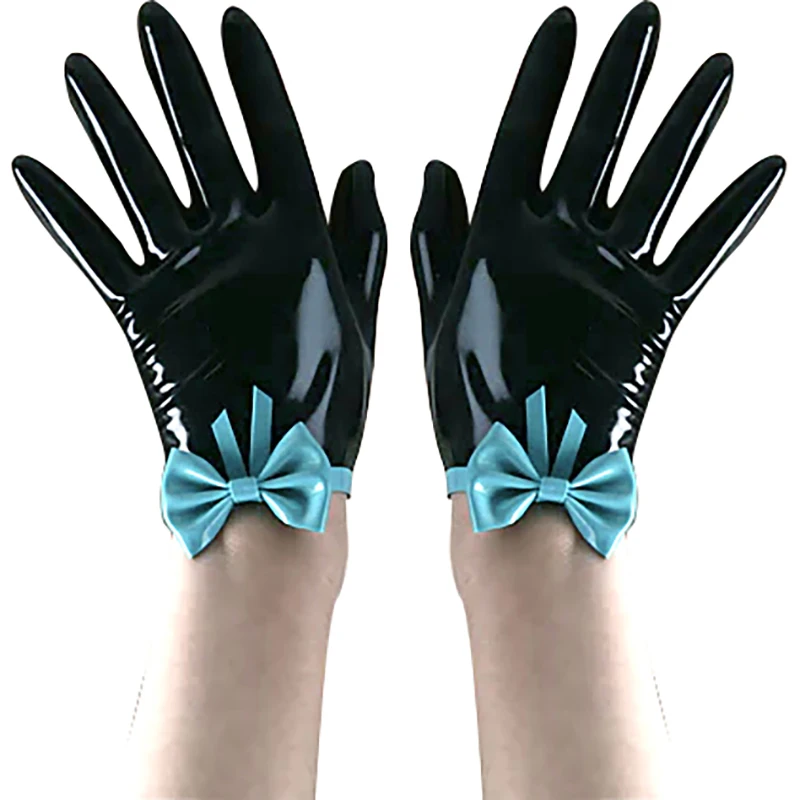 

Черные и голубые пикантные короткие латексные перчатки с бантом и отделкой Французская горничная резиновые варежки
