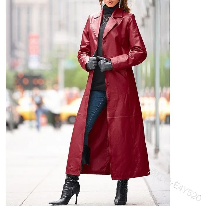 Women's Button Leather Coat Long Coat Slim Fitting Leather Coat X Long Leather  Jackets for Women 2022  Ankle Length clothes