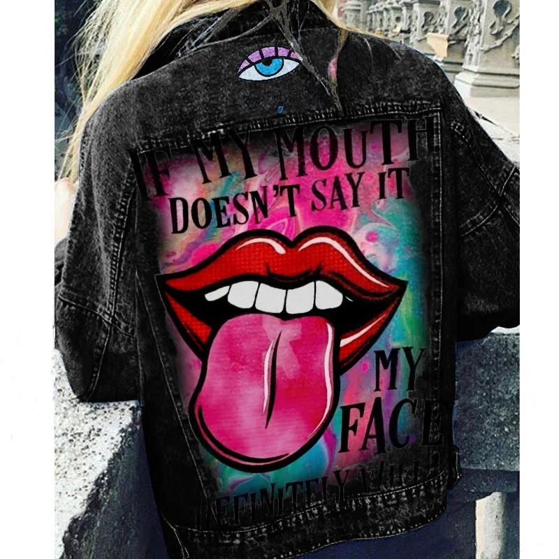 Женское джинсовое пальто однобортное повседневное большого размера с принтом и