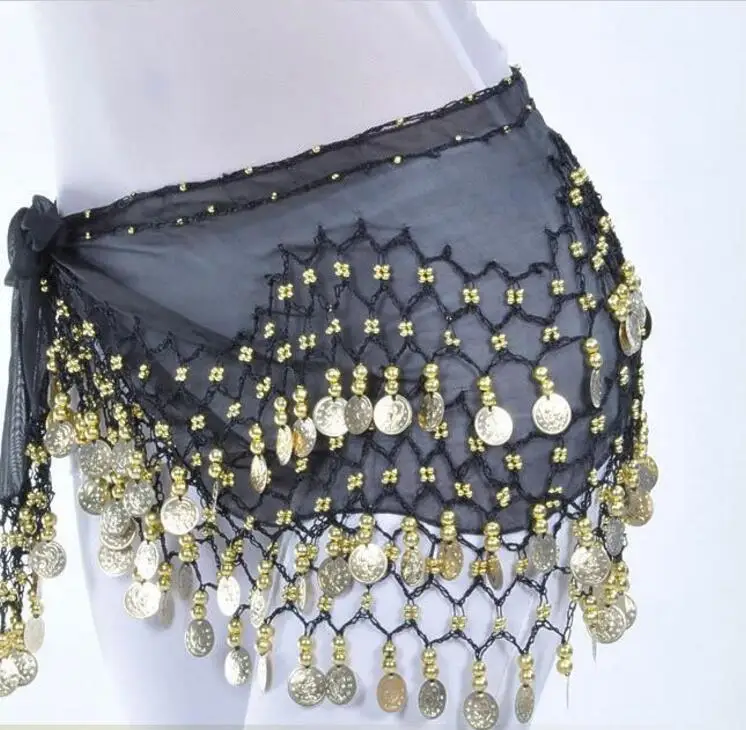 

Indian Belly Dance Hip Skirt Scarf Wrap Waist Belt Three Layers Gold Coins Sequins Hip Dress Scarf