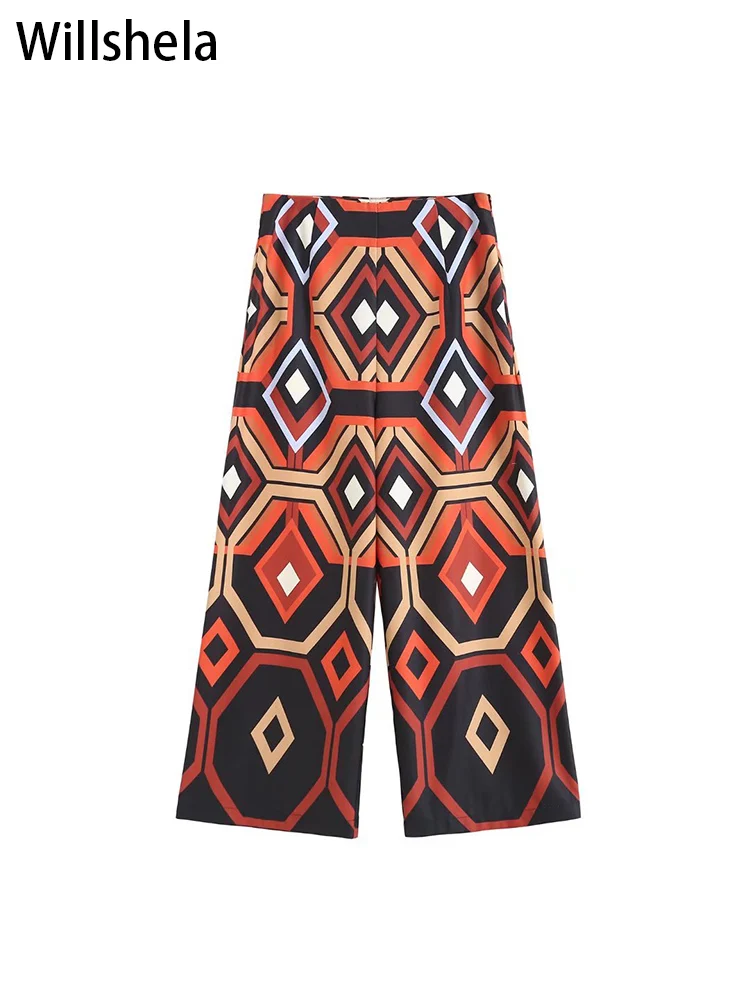 

Willshela Women Fashion Geometric Printed Calf Length Trousers Vintage Side Zipper High Waist Female Chic Lady Wide Leg Pants