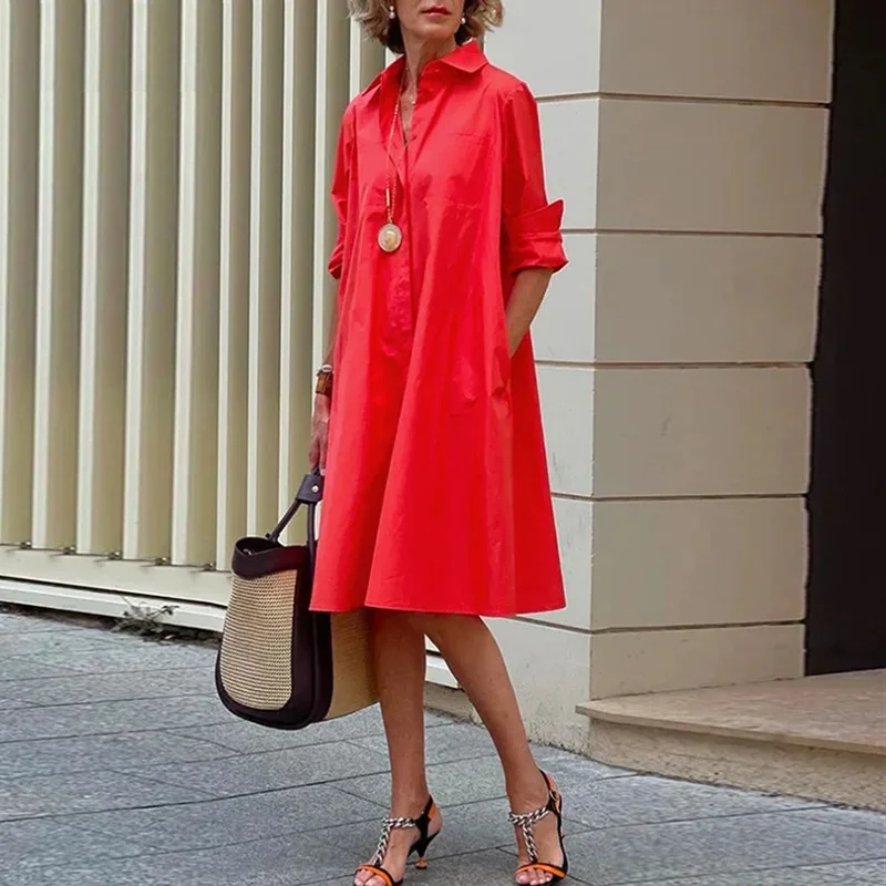 

2023 New Women Shirt Dress Casual Solid Color Long Sleeve Midi Dresses Bohemian Loose Pocket Turn-down Collar Blouses Long Dress