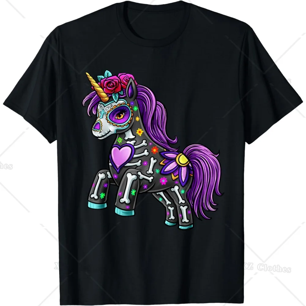 Футболка для женщин и мужчин с изображением единорога из сахара черепа