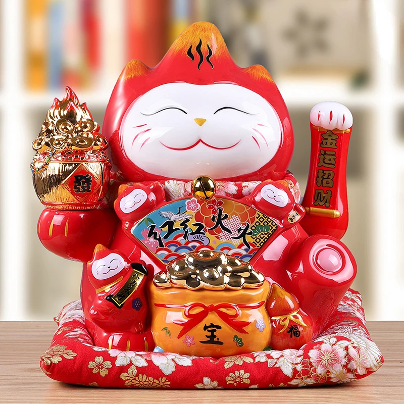 12 Inch Japanese Lucky Cat Ceramic Fortune Electric Shaking Arm Beckoning Maneki Neko Ornament Home Fengshui Decor |