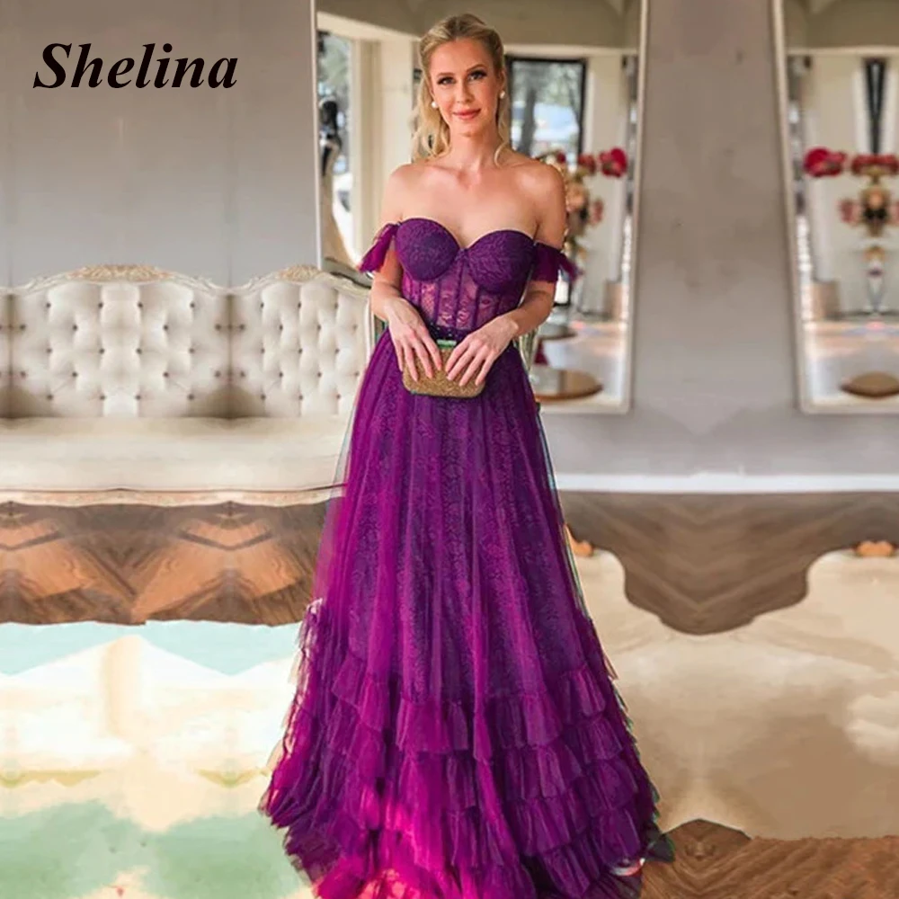 

Classic Formal Evening Gowns Sweetheart Off the Shoulder Lace Appliques Tiered Backless Evening Dress Abendkleider Made To Order