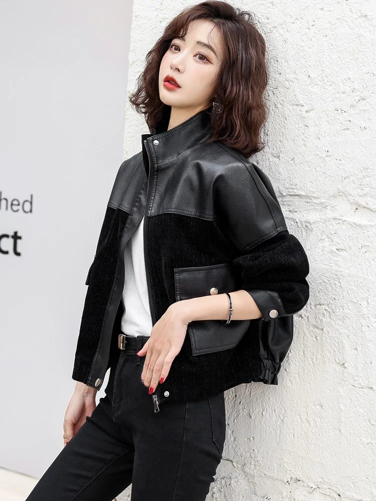 New Spring Autumn Women Black Splicing Leather Jacket 2022 Fashion Design Ladies Zipper PU Biker Coat Female Casual Outerwear