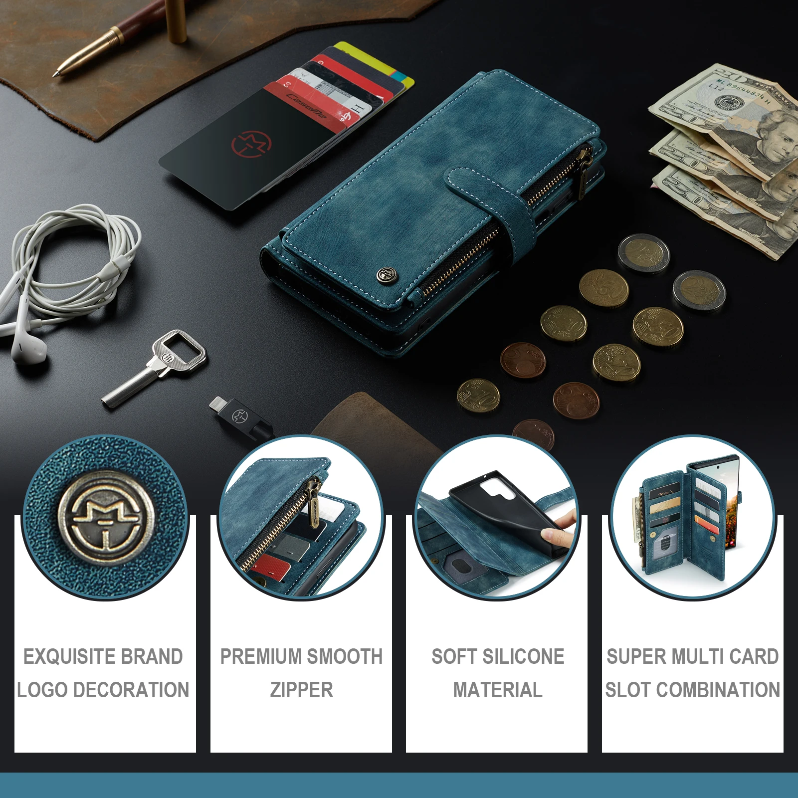 for Samsung Galaxy S22 Ultra CaseMe Leather Case For Galaxy S22 Ultra S22+ 5G Zipper Wallet 2 In1 Design Card Slots Phone Cover