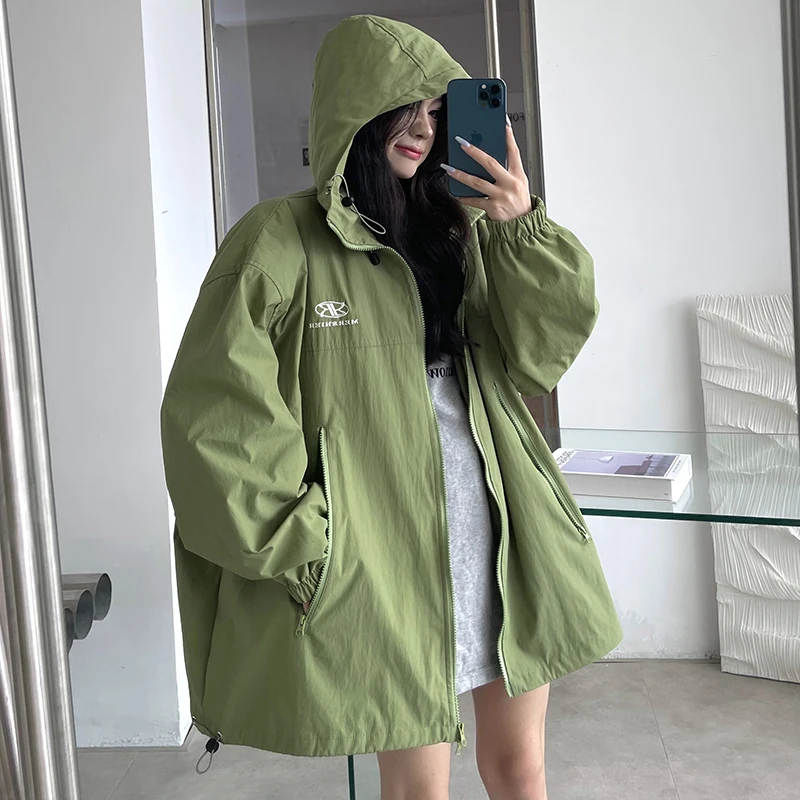 

American Solid Zip Hooded Jacket Women's New Spring Autumn Hip Hop Oversize Unisex Couple Long Sleeve Black Thin Coat Female