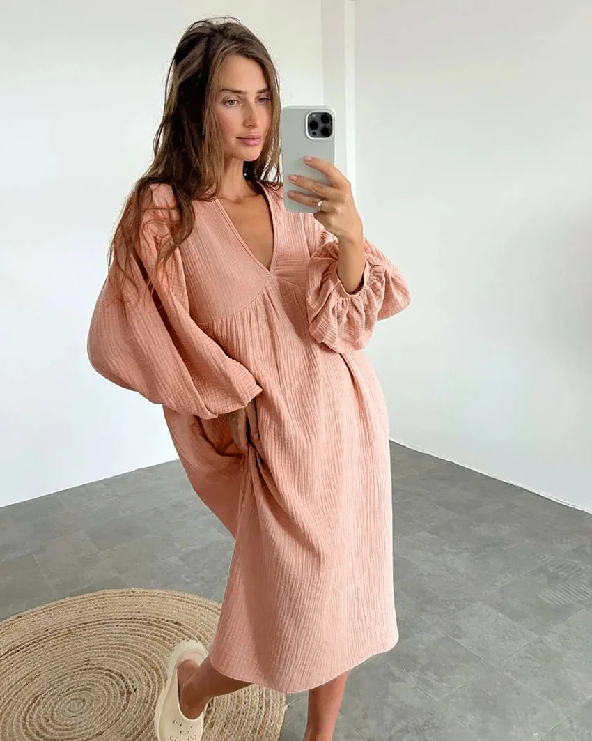 BKQU Lantern Sleeve Night Dress Women Loose V Neck Sleepwear 2023 Autumn Cotton Casual Pajamas Solid Elegant Fashion