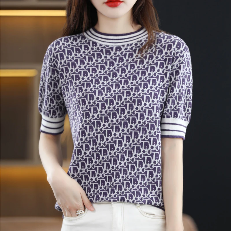 

100%Pure Cotton Short-sleeved Women's Round neck Pullover Top 2022 Summer New Jacquard Knitted T-shirt Loose Casual Fashion Vest
