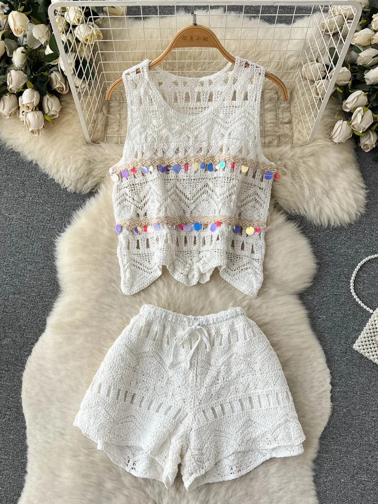 

Летний женский комплект из 2 предметов в стиле бохо, Свободный вязаный крючком жилет с бахромой и шорты, костюмы из двух предметов, новинка 2023