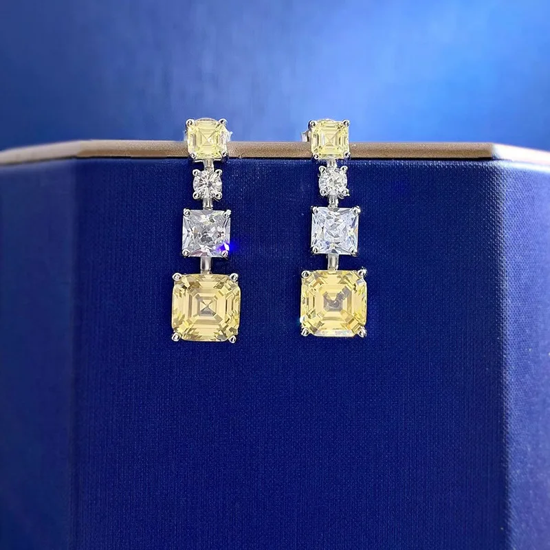 

SpringLady 925 Sterling Silver 7MM Asscher Cut Lab Citrine High Carbon Diamond Gemstone Dangle Earrings Anniversary Gift Jewelry