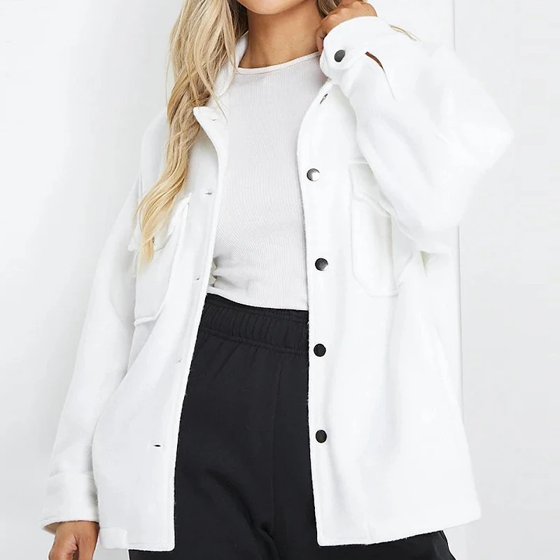 

Casual Women Jacket Single Breasted Turn-down Collar Wool Coat Long Sleeve Button Pocket Outwear Female Solid Loose Jackets 2021