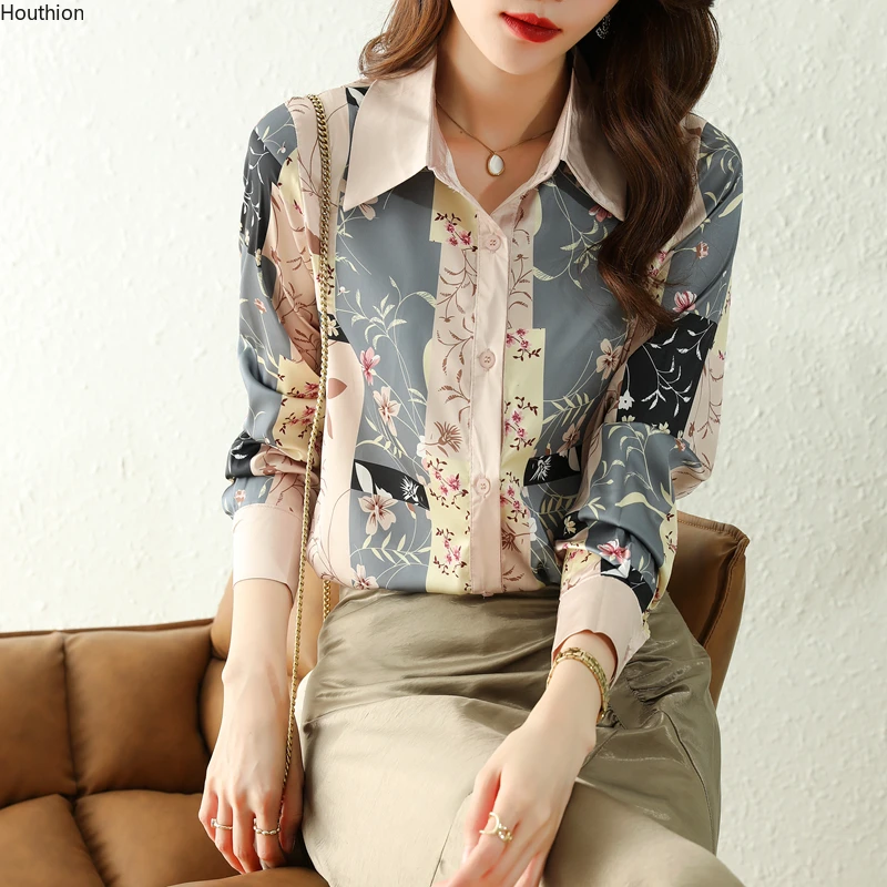 

Summer New Long Sleeve Polo-neck Printed Top Chiffon Casual Fashion Loose Women's Shirt