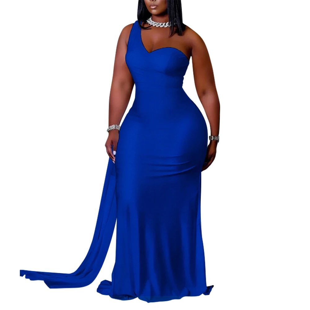 

2022 Spring and Autumn Womens Plus Size Sexy Elegant One Shoulder Bodycon Long Formal Party Dress Evening Gown