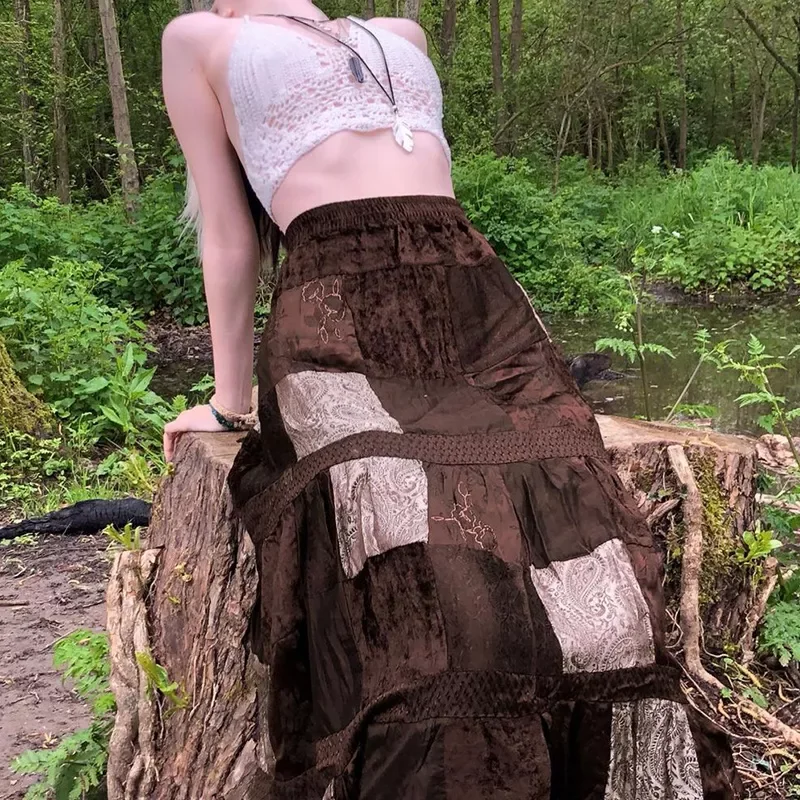 

hirigin y2k Vintage Brown Patchwork Long Skirts Print Boho Grunge Fairycore Retro Pleated Skirts Kawaii Holiday Women Streetwear