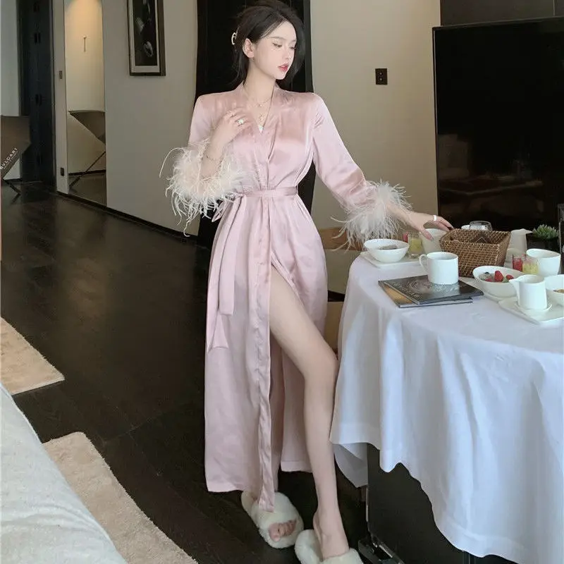 QWEEK Sexy Pajamas with Feathers Sleepwear Bathrobe Female Women's Long Robe Summer Nightgowns Pink Designer Clothes Luxury
