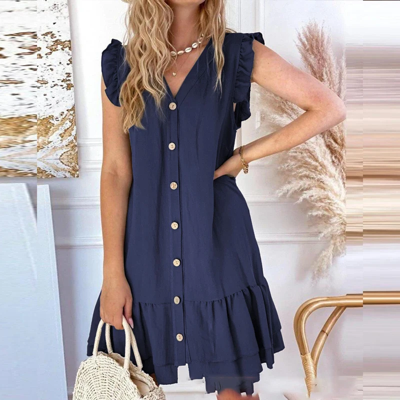 

Женское однобортное офисное платье на пуговицах, элегантное асимметричное платье мини с V-образным вырезом и оборками, праздничные платья с...