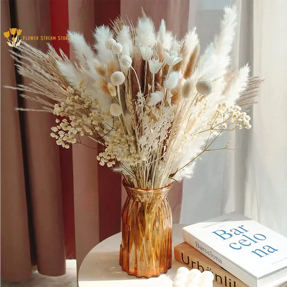 

100Pcs Dried Pampas Grass Premium Bouquet for Boho Home Decor Dry Flowers Arrangement Wedding Decoration DIY Small Reed Plant