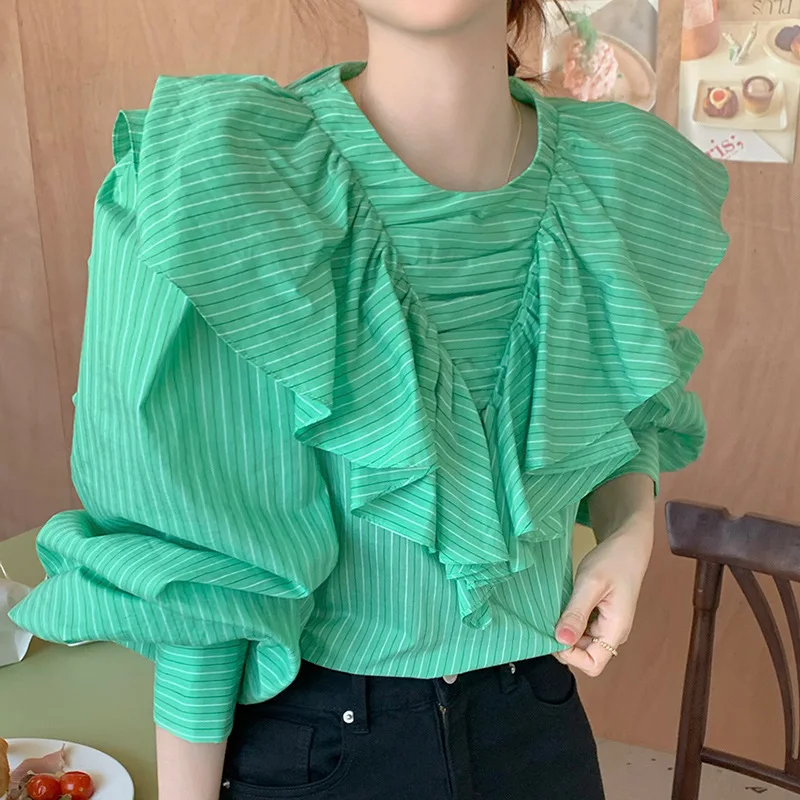 

SuperAen 2022 New Women's Spring Striped O-Neck Puff Sleeve Casual All Match Shirt Ruffled Ladies Top