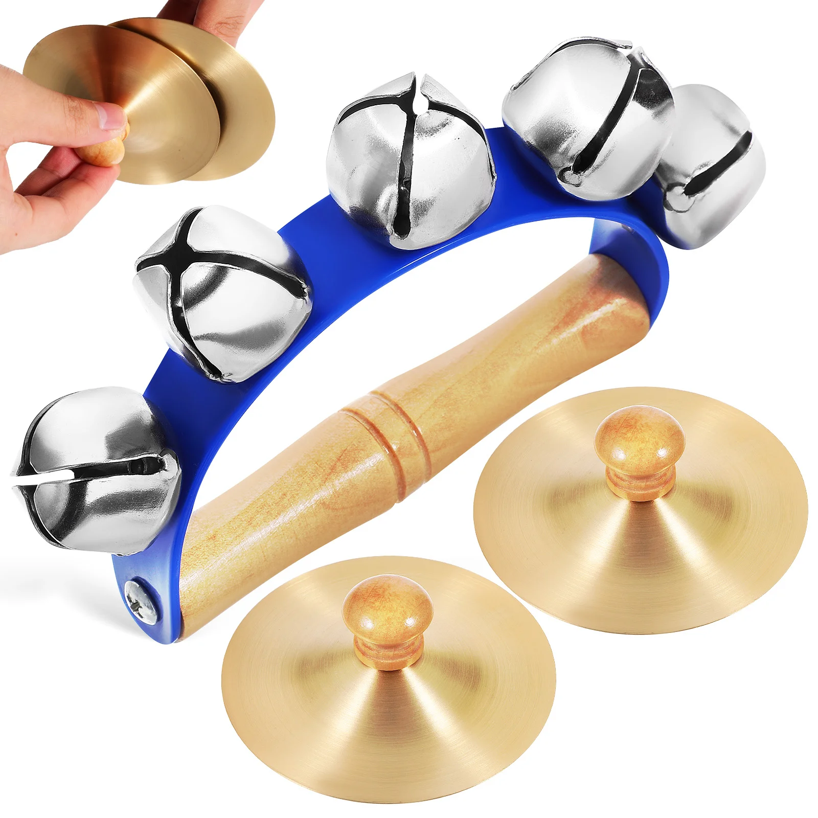 

Wooden Handle Handheld Jingle Bell with Copper Hand Cymbals Early Educational Musical Instrument for Kids